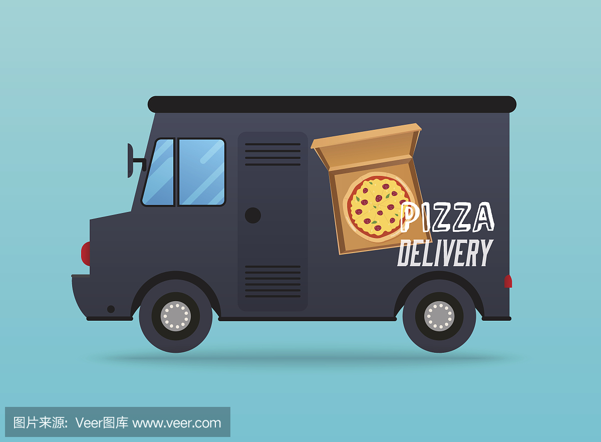 披萨外卖。当地的送货车。平面设计现代矢量插图概念。