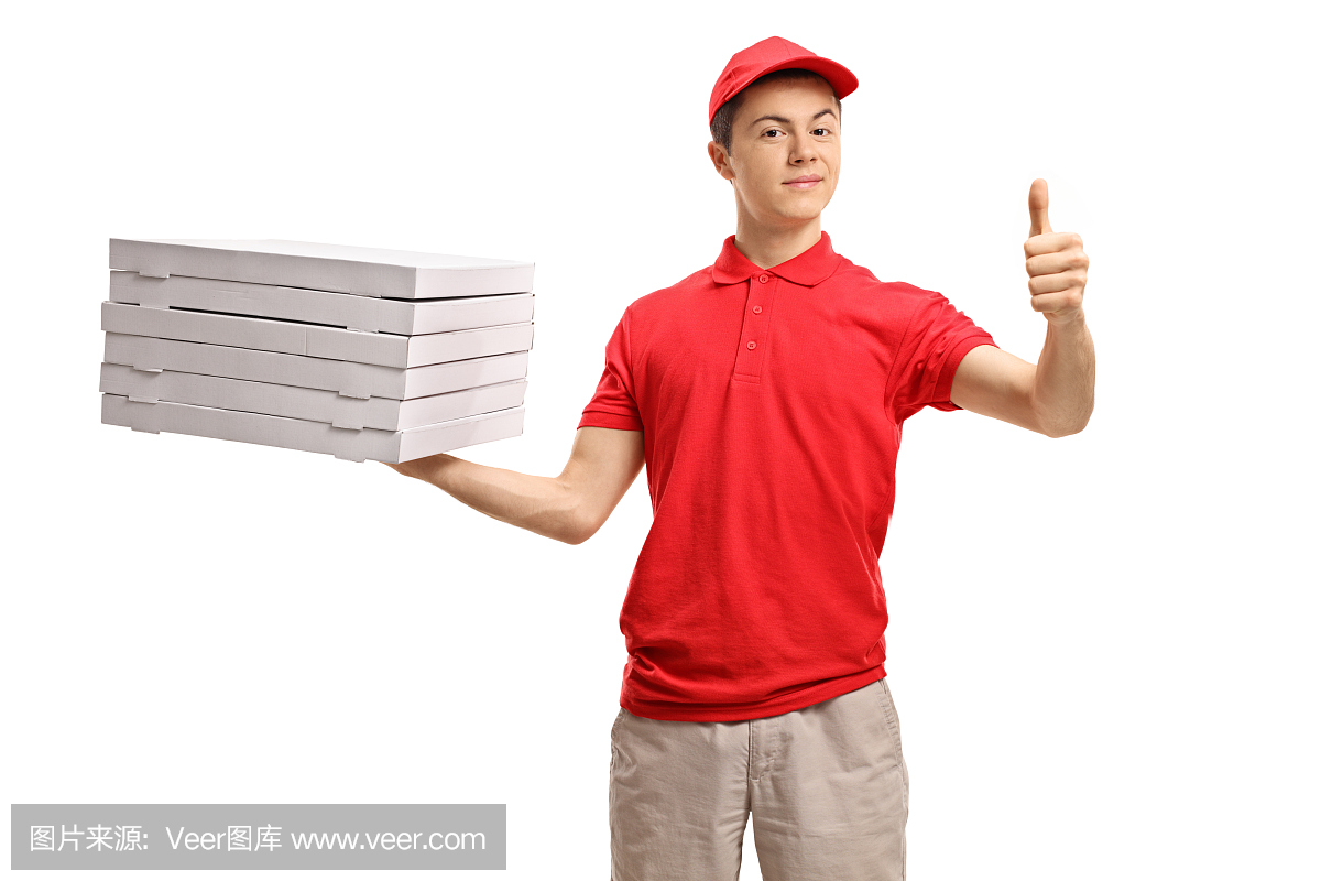 十几岁的披萨外卖小哥拿着一堆披萨盒,竖起大拇指