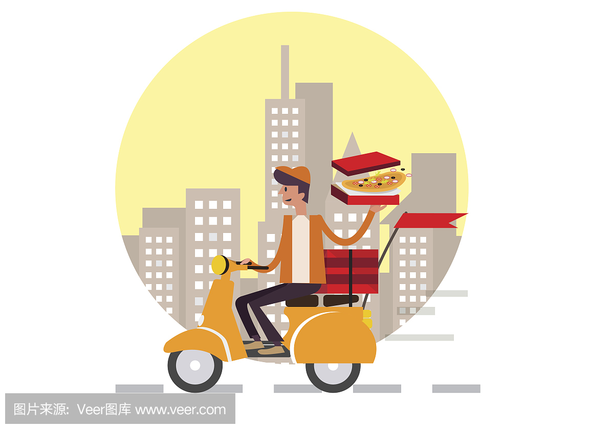 披萨外卖男孩骑着摩托车,在城市背景下与世隔绝。